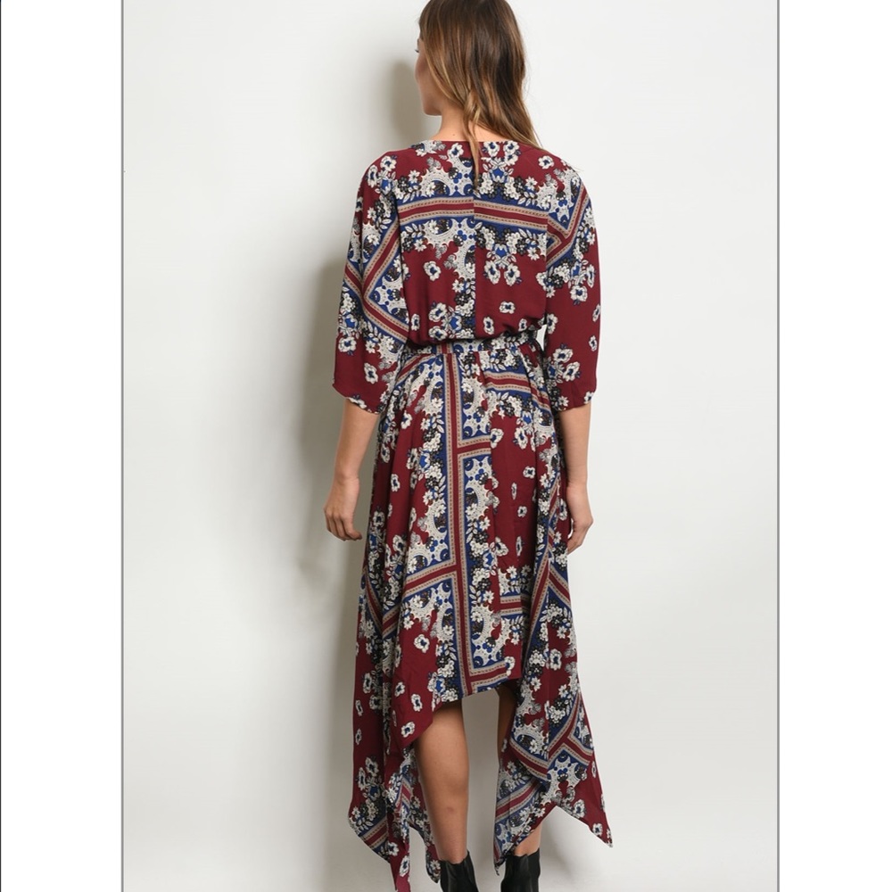 1 Left! Wine Floral Print Handkerchief Midi Dress - Picture 4 of 8